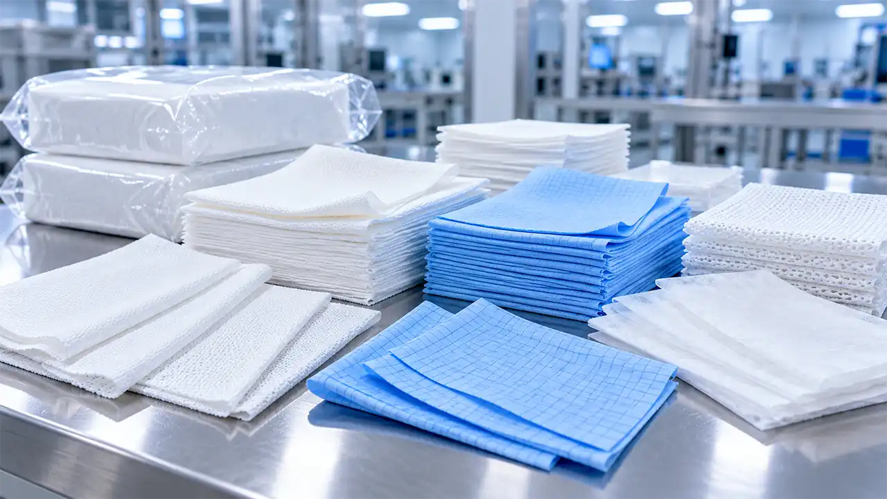 Các loại khăn lau phòng sạch polyester và khăn lau không dệt được phân loại trên bàn inox
