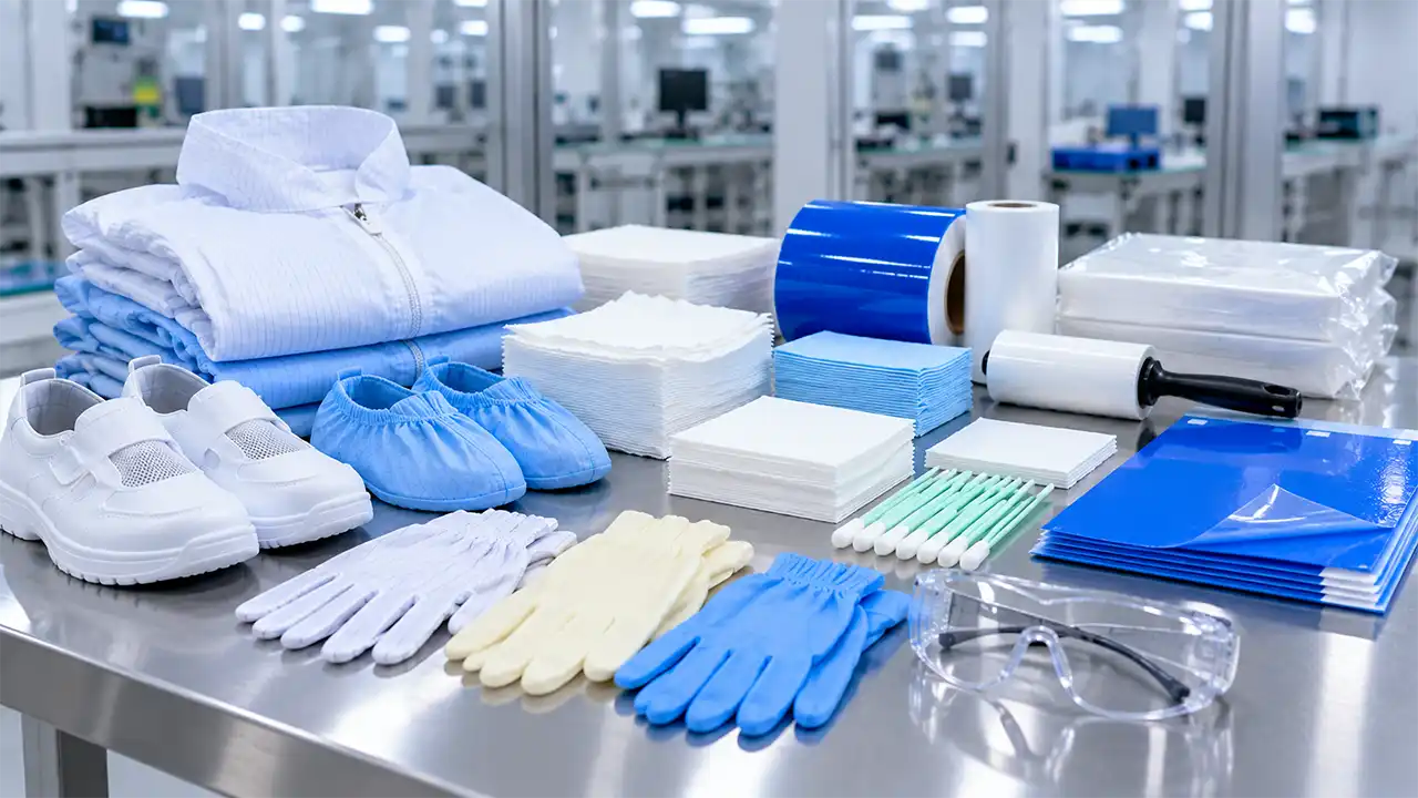 Các loại vật tư phòng sạch gồm khăn lau, găng tay, trang phục, bọc giày và con lăn dính bụi.
