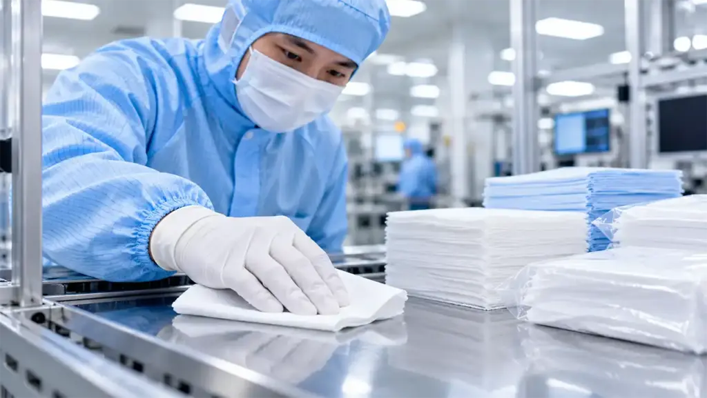 Nhân viên sử dụng khăn lau phòng sạch để vệ sinh bề mặt thiết bị trong môi trường sản xuất công nghiệp.
